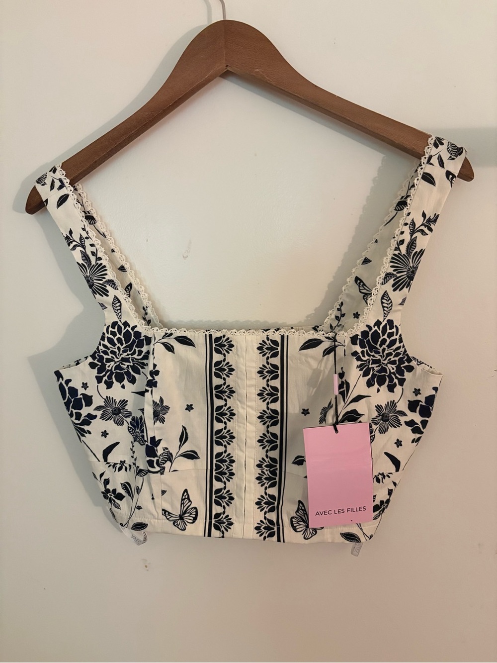 Avec Les Filles White Crop Top with Navy butterfly panel corset size medium